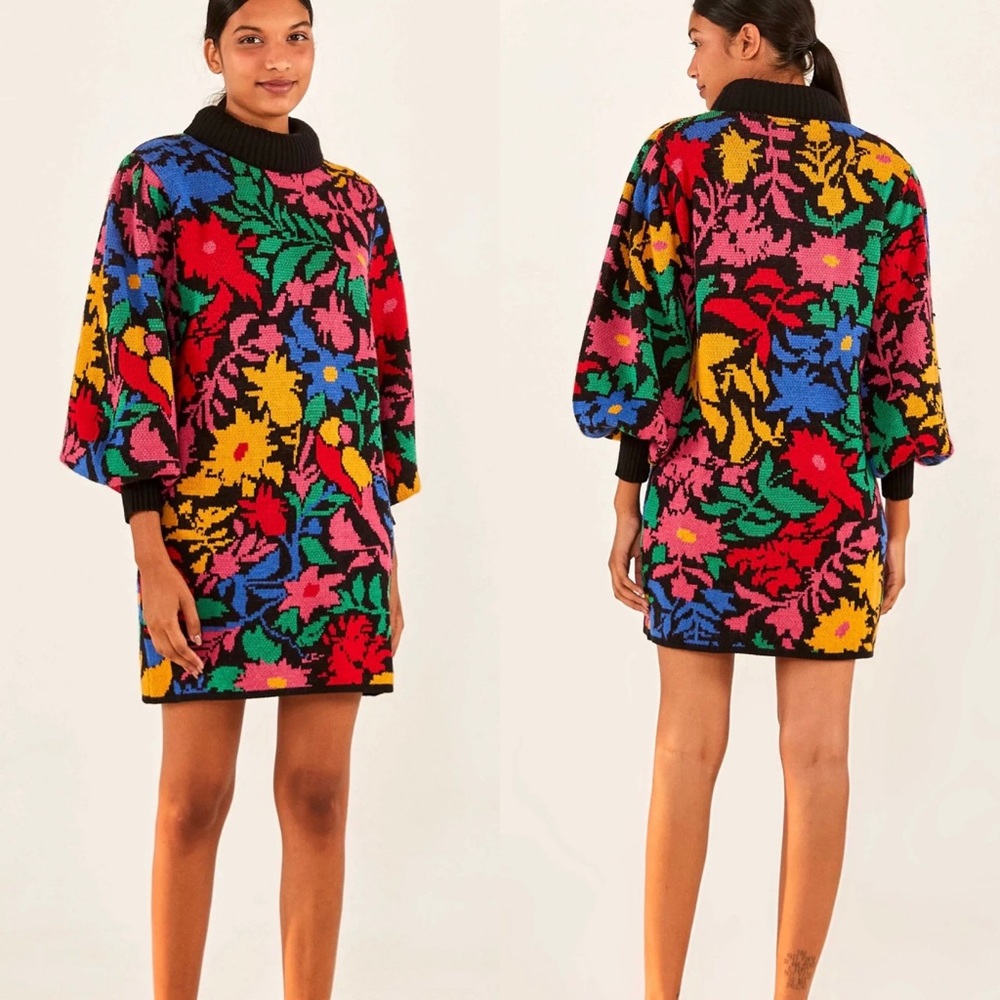 Farm Rio Tropical Garden Long Sleeve Sweater Dress